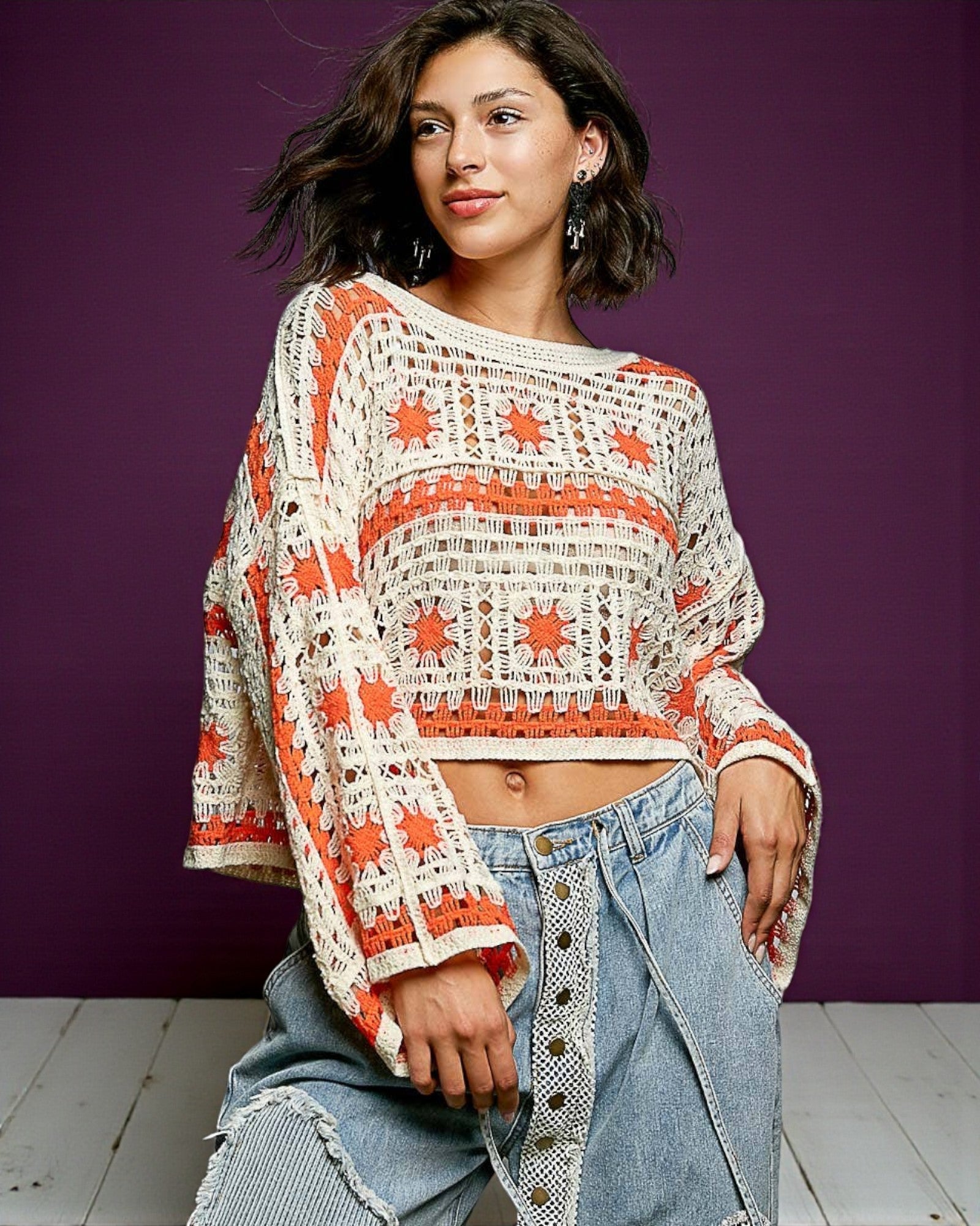 Sunwoven Boat Neck Granny Square Crochet Top – 4 Elect Fashion