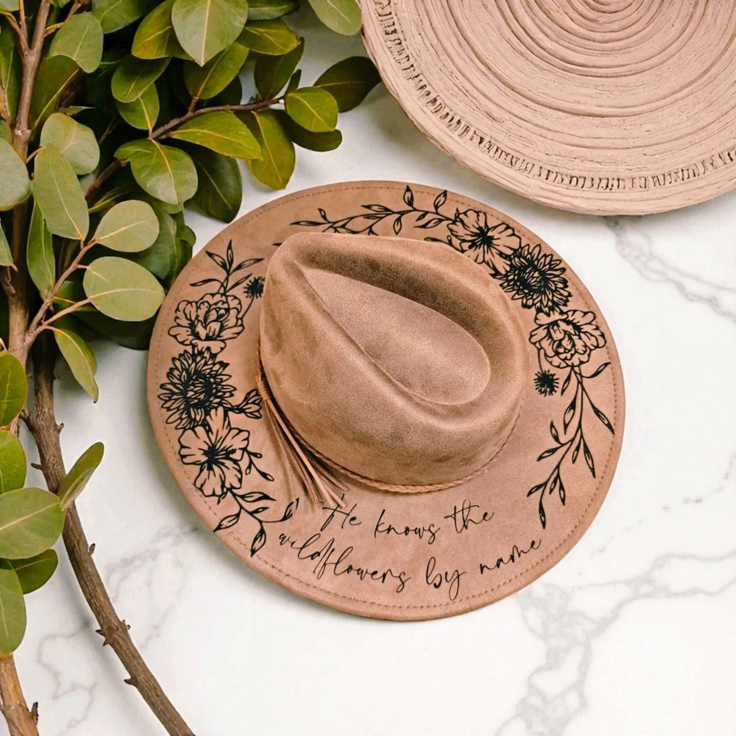 He Knows the Wildflowers” Engraved Boho Hat – 4 Elect Fashion
