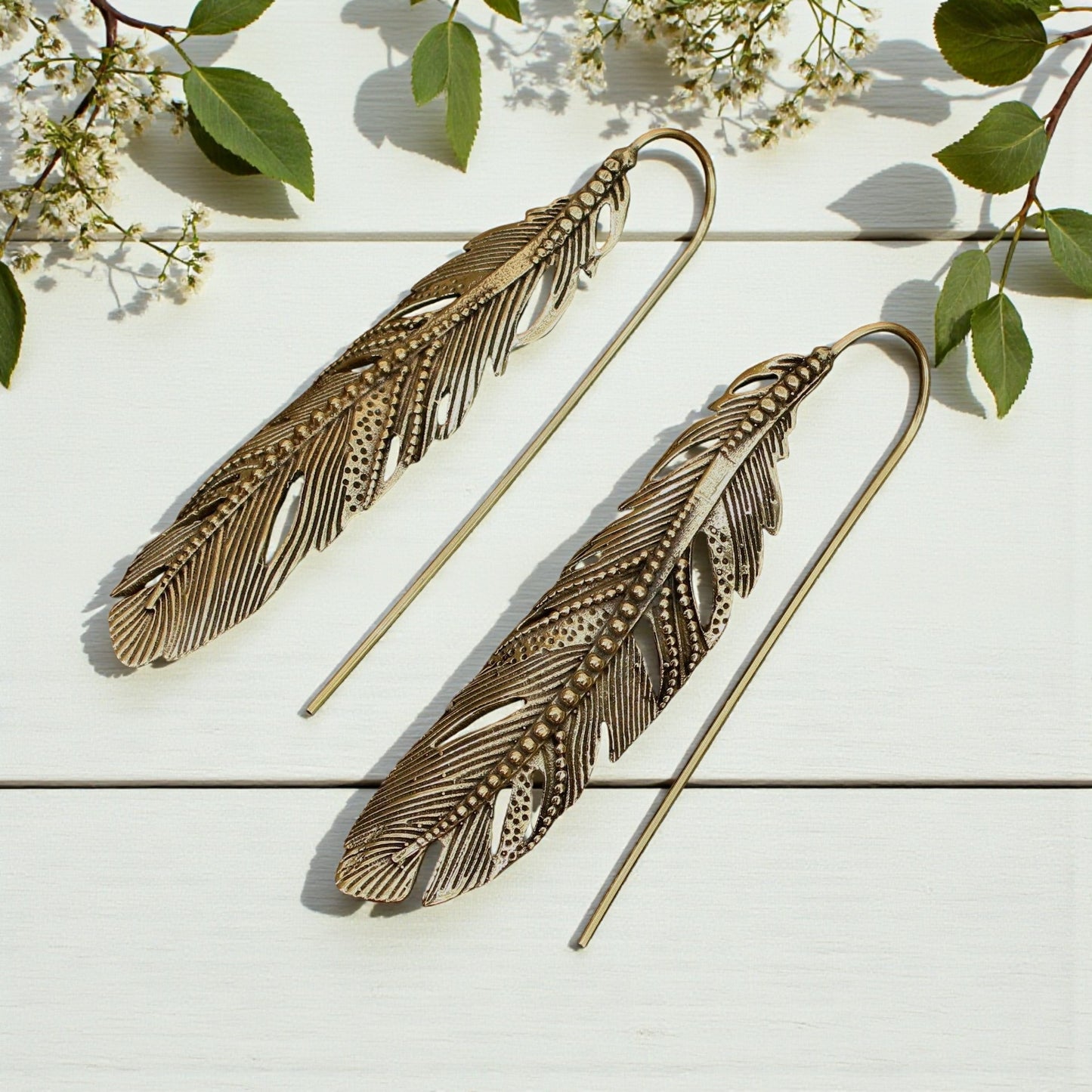 Brass Long Feather Earring
