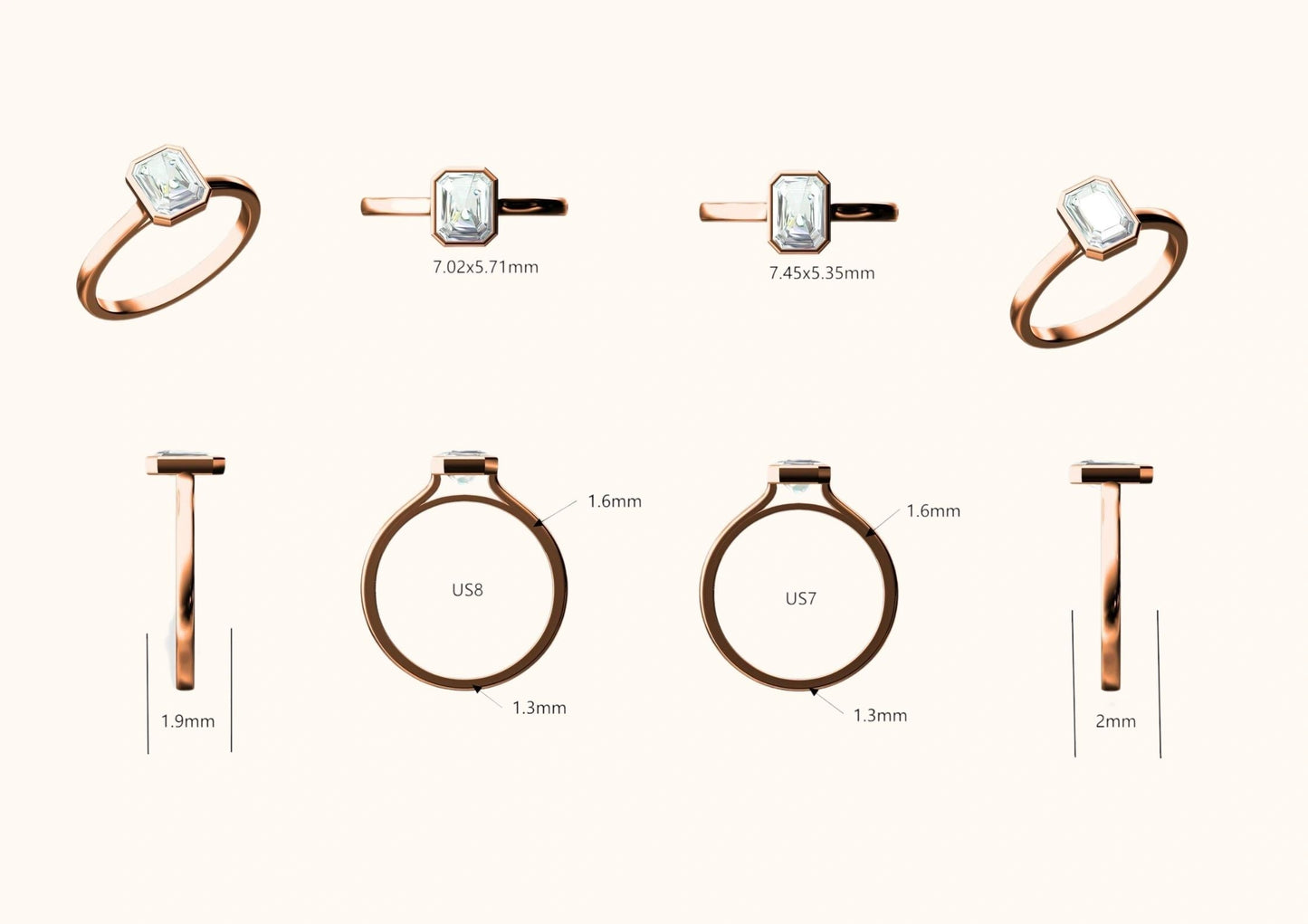 1.36 CT 18K Solid Rose Gold Radiant-Cut Diamond Ring