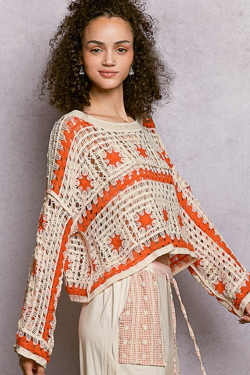 COMING SOON Round Neck Long Sleeve Crochet Top for Women