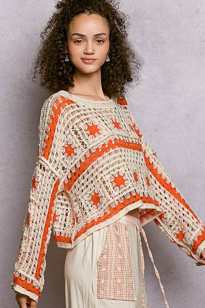 COMING SOON Round Neck Long Sleeve Crochet Top for Women