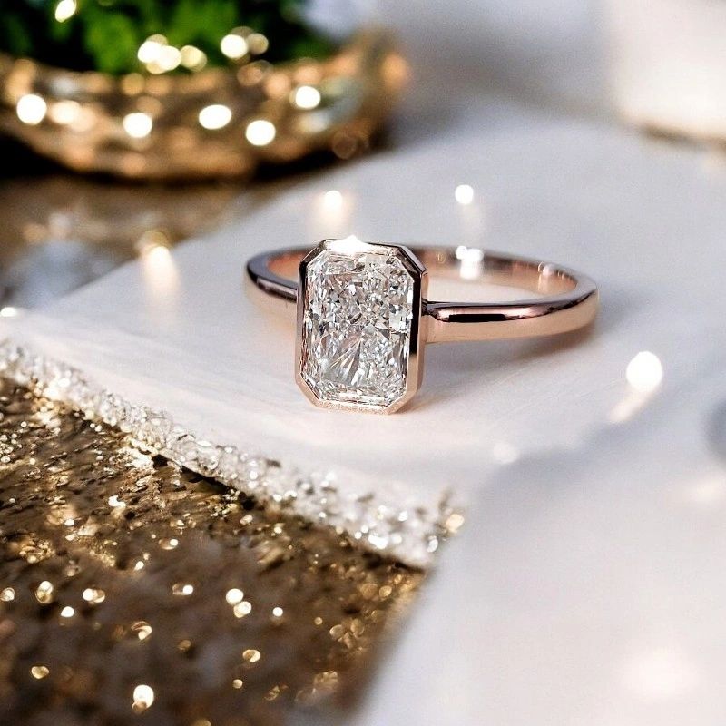 1.36 CT 18K Solid Rose Gold Radiant-Cut Diamond Ring