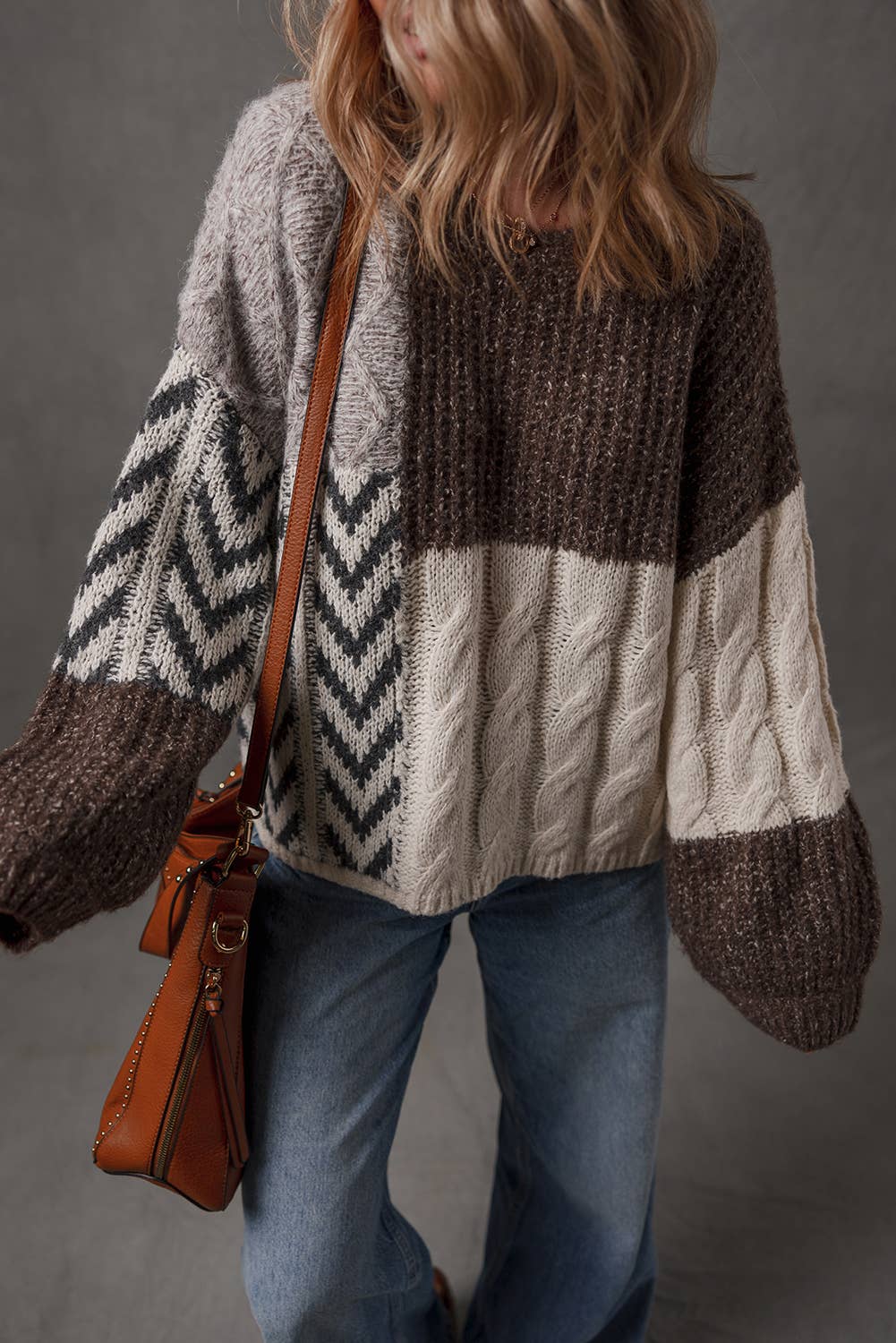 Color Block Patchwork Knotted Back Loose Fit Sweater