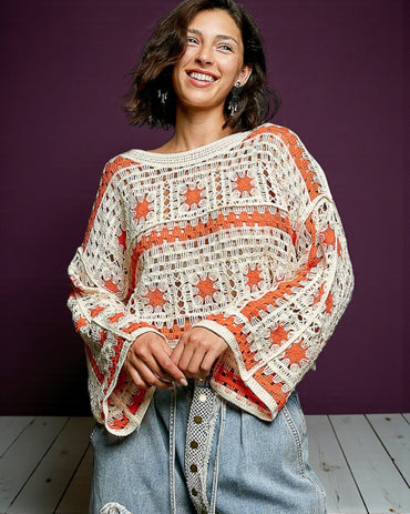 Sunwoven Boat Neck Granny Square Crochet Top