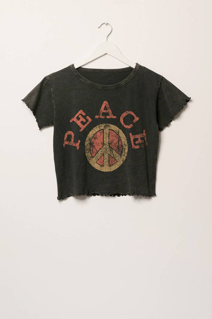 Peace Sign Round Neck Lettuce Edge Graphic Tee