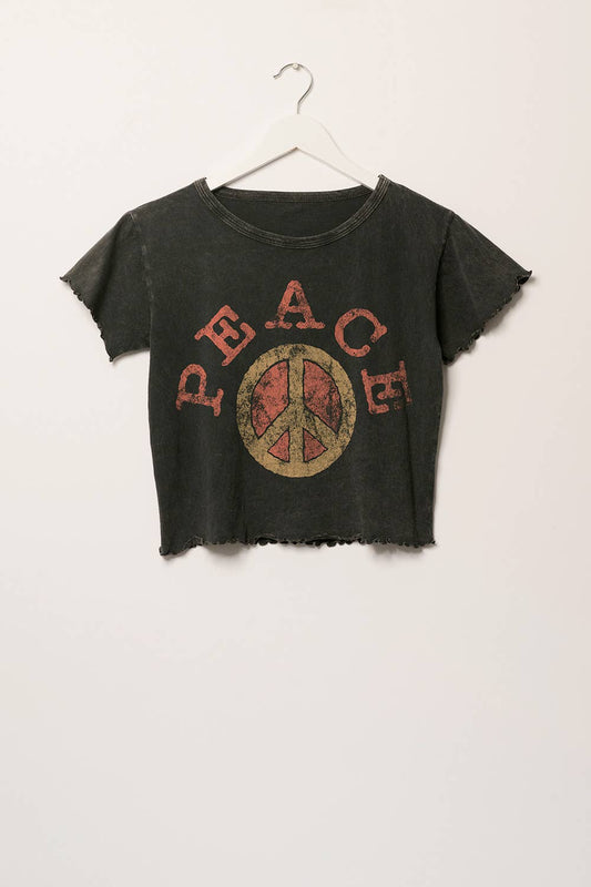 Peace Sign Round Neck Lettuce Edge Graphic Tee