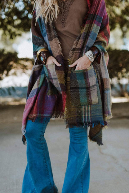 Cozy Plaid Pocket Ruana Wrap - Fuchsia