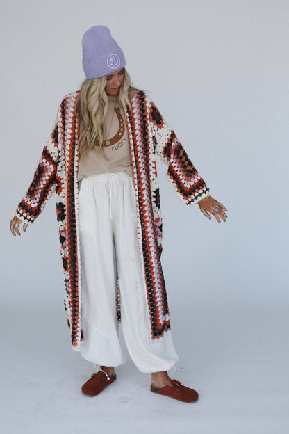Soulful Wanderer Crochet Duster - Brown Multi