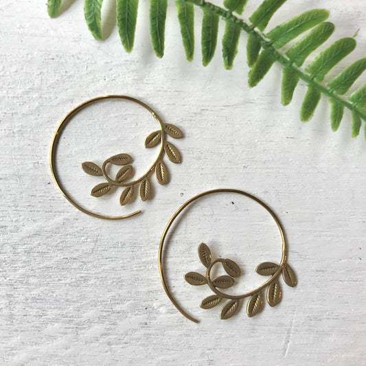 Brass Leaf Design Spiral Earring